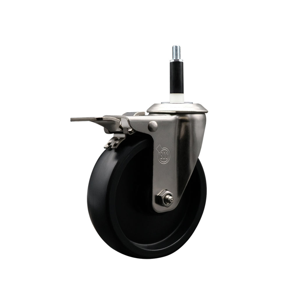 Stainless Steel Polyolefin Expanding Stem Swivel Caster Wheel with 5 Inch Black Wheel and 7/8" Stem and Total Lock Brake - 350 lbs. Capacity Per Caster - Service Caster Brand — photo 1