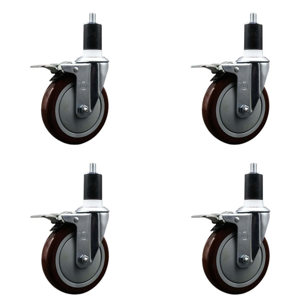 Stainless Steel Polyurethane Swivel Expanding Stem Caster Set of 4 with 5 Inch Maroon Wheels and 1-1/2" Stems - 4 Swivel with Total Locking Brakes - 350 lbs. Capacity Per Caster - Service Caster Brand — photo 1