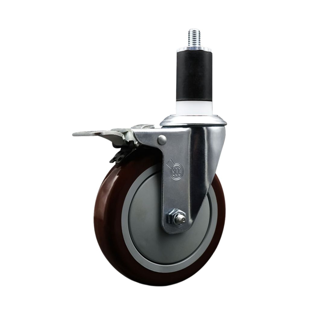 Stainless Steel Polyurethane Expanding Stem Swivel Caster with 5 Inch Maroon Wheel and 1-1/2" Stem & Total Locking Brake - 350 lbs. Capacity Per Caster - Service Caster Brand — photo 1