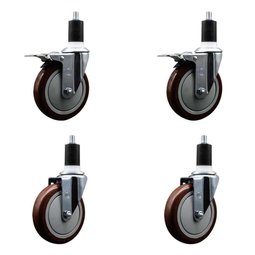 Stainless Steel Polyurethane Swivel Expanding Stem Caster Set of 4 with 5 Inch Maroon Wheels and 1-1/2" Stems - Includes 2 with Total Locking Brakes - 1400 lbs Total Capacity - Service Caster Brand — photo 1