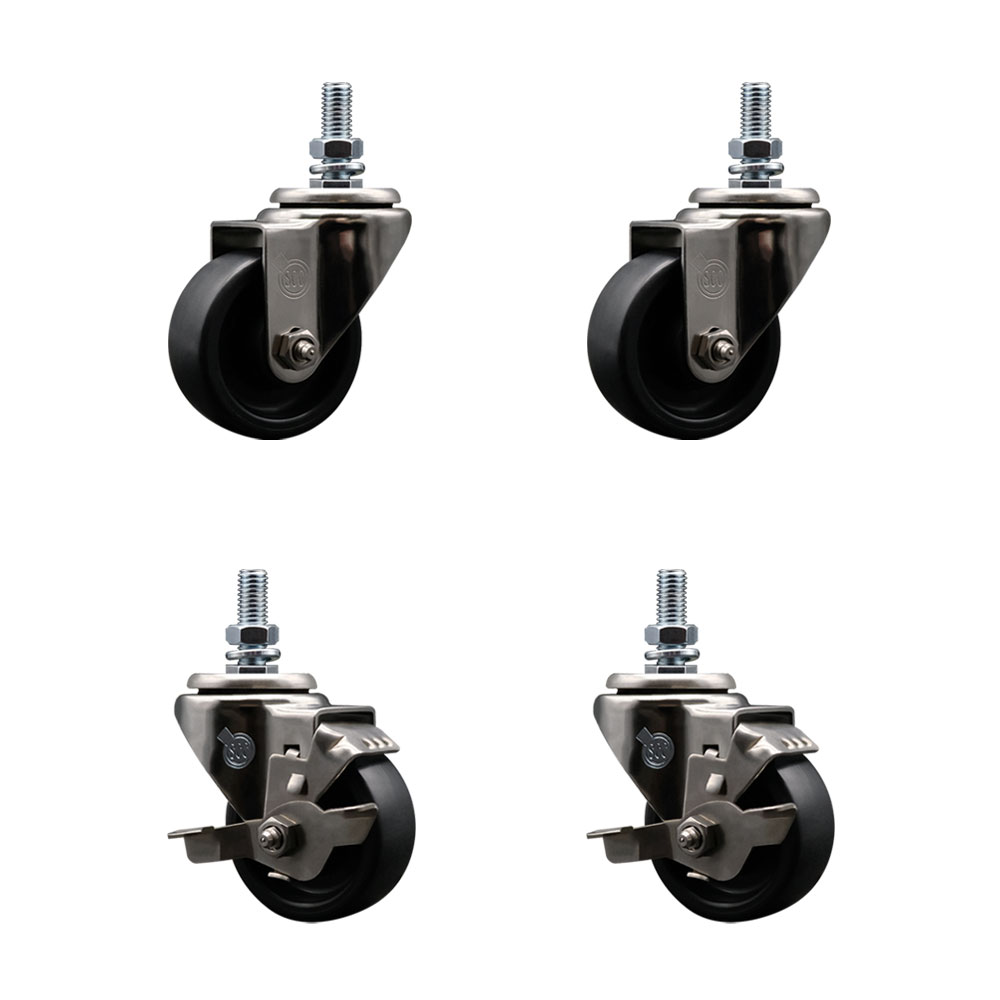 Stainless Steel Polyolefin Swivel Threaded Stem Caster Wheels Set of 4 with 3 Inch Black Wheels and 1/2" Stems - Includes 2 with Top Lock Brakes - 1200 lbs. Total Capacity - Service Caster Brand — photo 1
