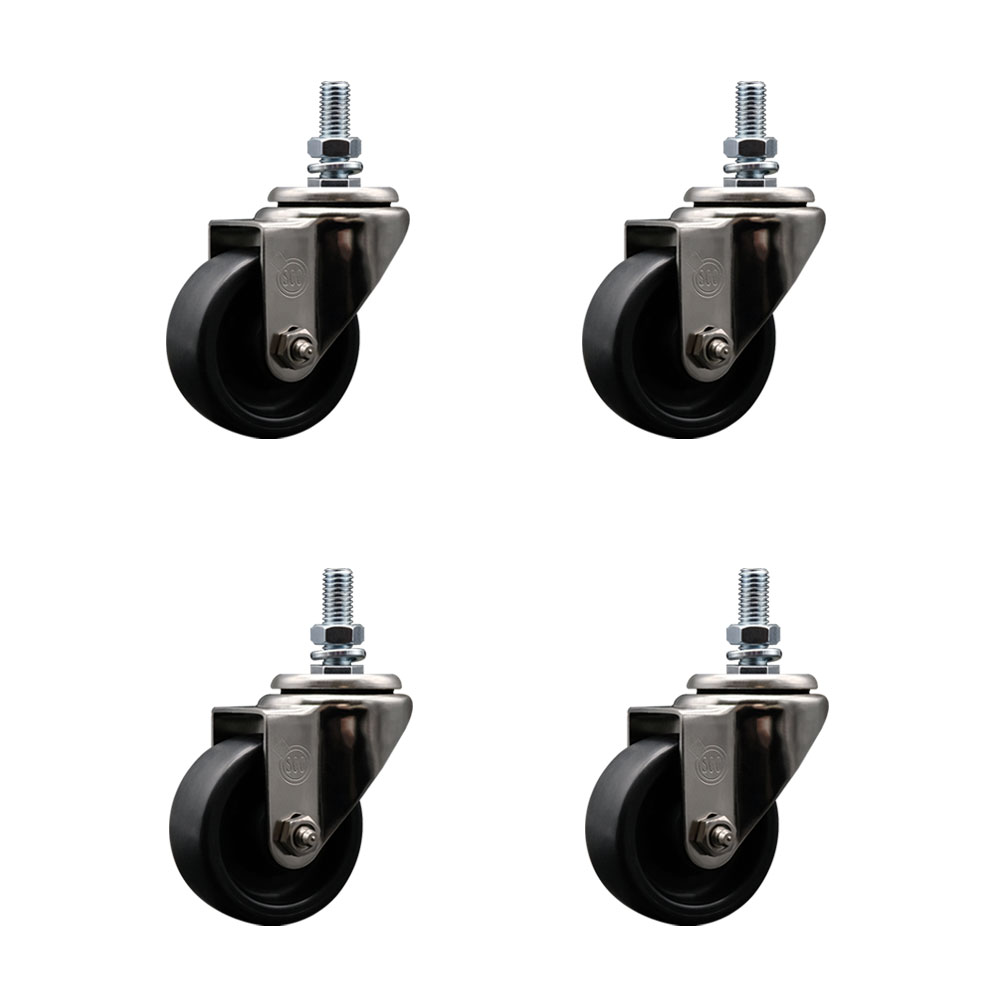 Stainless Steel Polyolefin Swivel Threaded Stem Caster Wheels Set of 4 with 3 Inch Black Wheels and 1/2" Stems - Includes 4 Swivel - 1200 lbs. Total Capacity - Service Caster Brand — photo 1