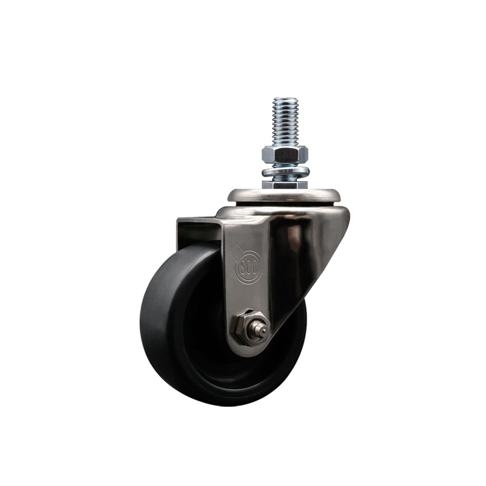 Stainless Steel Polyolefin Swivel Threaded Stem Caster Wheel with 3 Inch Black Wheel and 12mm Metric Stem - 300 lbs. Capacity/Caster - Service Caster Brand — photo 1