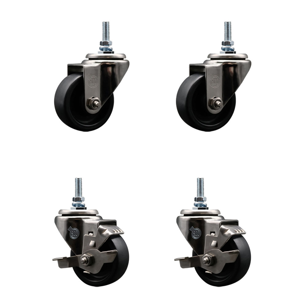 Stainless Steel Polyolefin Swivel Threaded Stem Caster Wheels Set of 4 with 3 Inch Black Wheels and 3/8" Stems - Includes 2 with Top Lock Brakes - 1200 lbs. Total Capacity - Service Caster Brand — photo 1