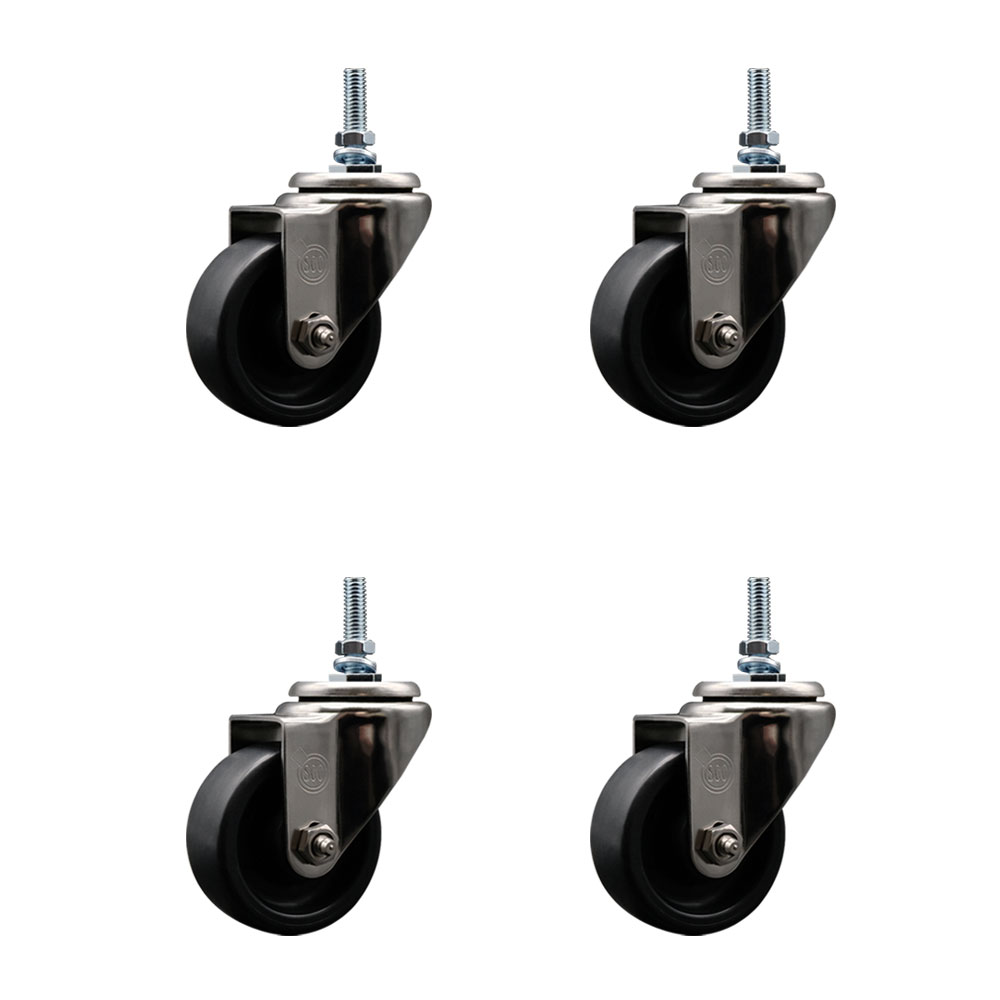 Stainless Steel Polyolefin Swivel Threaded Stem Caster Wheels Set of 4 with 3 Inch Black Wheels and 10mm Stems - Includes 4 Swivel - 1200 lbs. Total Capacity - Service Caster Brand — photo 1