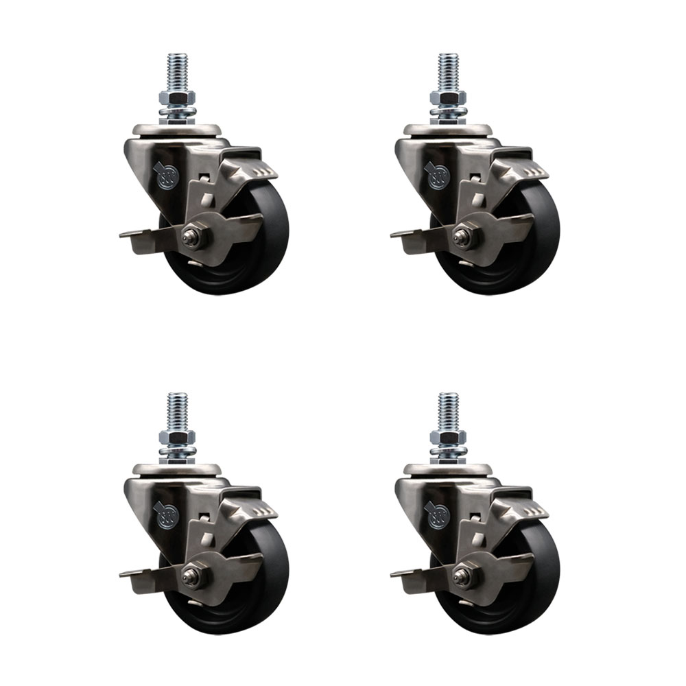 Stainless Steel Polyolefin Swivel Threaded Stem Caster Wheels Set of 4 with 3 Inch Black Wheels and 12mm Stems - Includes 4 with Top Lock Brakes - 1200 lbs. Total Capacity - Service Caster Brand — photo 1