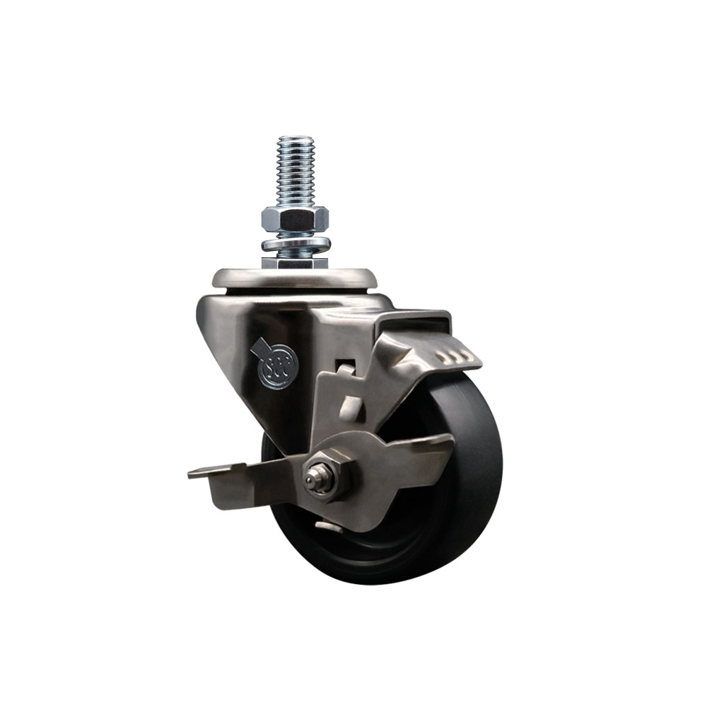 Stainless Steel Polyolefin Swivel Threaded Stem Caster Wheel with 3 Inch Black Wheel and 12mm Metric Stem and Top Lock Brake - 300 lbs. Capacity/Caster - Service Caster Brand — photo 1