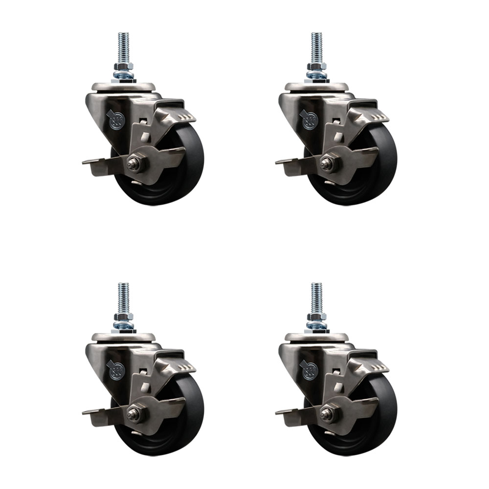 Stainless Steel Polyolefin Swivel Threaded Stem Caster Wheels Set of 4 with 3 Inch Black Wheels and 3/8" Stems - Includes 4 with Top Lock Brakes - 1200 lbs. Total Capacity - Service Caster Brand — photo 1