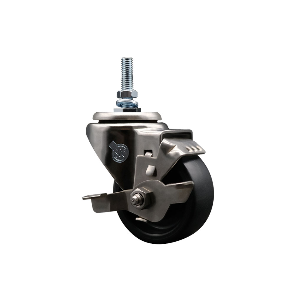 Stainless Steel Polyolefin Swivel Threaded Stem Caster Wheel with 3 Inch Black Wheel and 10mm Metric Stem and Top Lock Brake - 300 lbs. Capacity/Caster - Service Caster Brand — photo 1