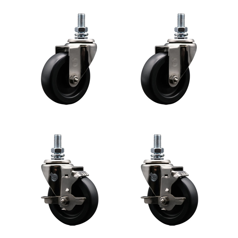 Stainless Steel Polyolefin Swivel Threaded Stem Caster Wheels Set of 4 with 4 Inch Black Wheels and 12mm Metric Stems- Includes 2 with Top Lock Brakes - 1400 lbs. Total Capacity - Service Caster Brand — photo 1