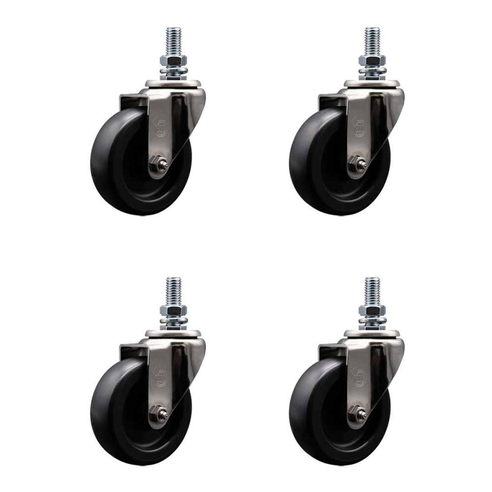 Stainless Steel Polyolefin Swivel Threaded Stem Caster Wheels Set of 4 with 4 Inch Black Wheels and 1/2" Stems - Includes 4 Swivel - 1400 lbs. Total Capacity - Service Caster Brand — photo 1