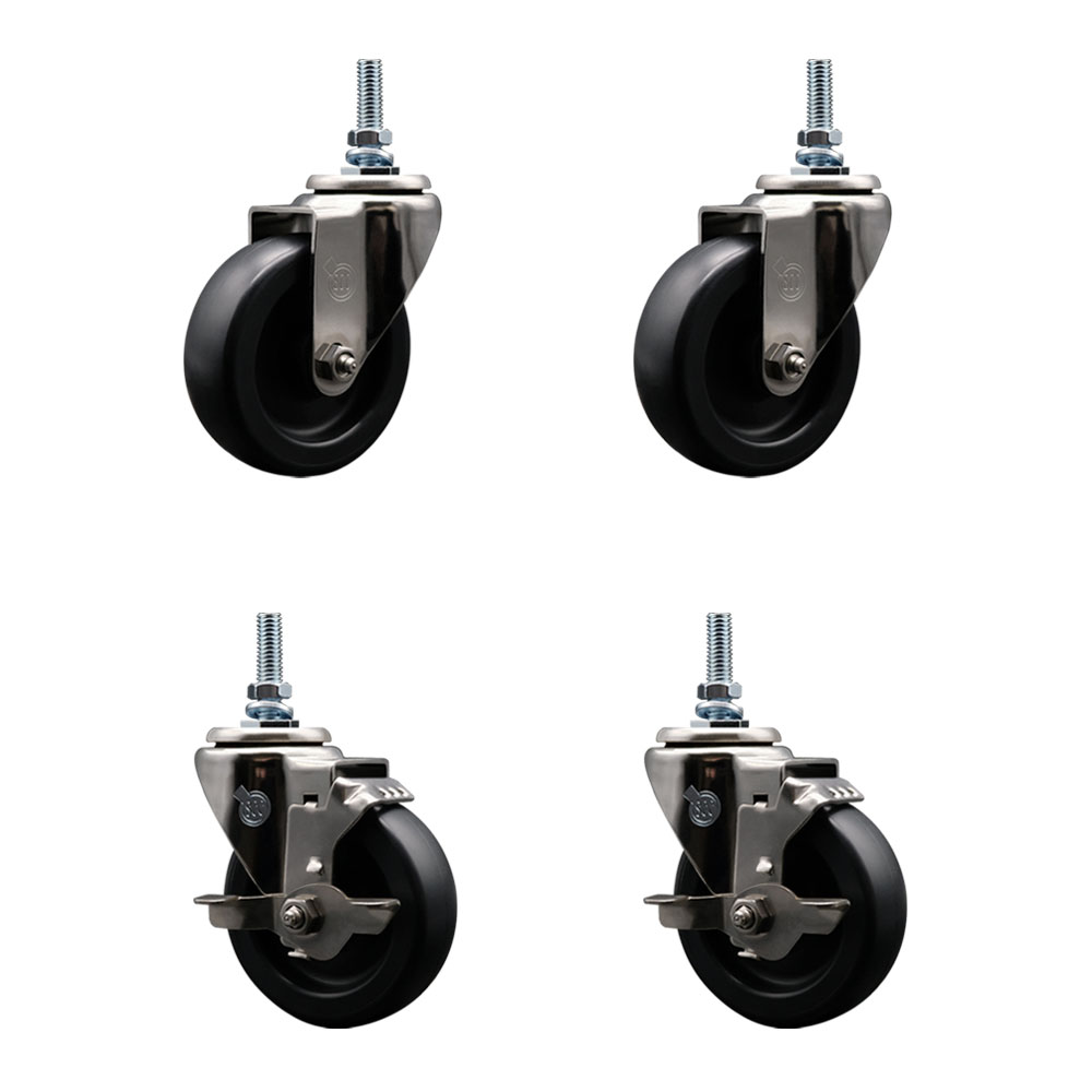 Stainless Steel Polyolefin Swivel Threaded Stem Caster Wheels Set of 4 with 4 Inch Black Wheels and 10mm Metric Stems- Includes 2 with Top Lock Brakes - 1400 lbs. Total Capacity - Service Caster Brand — photo 1