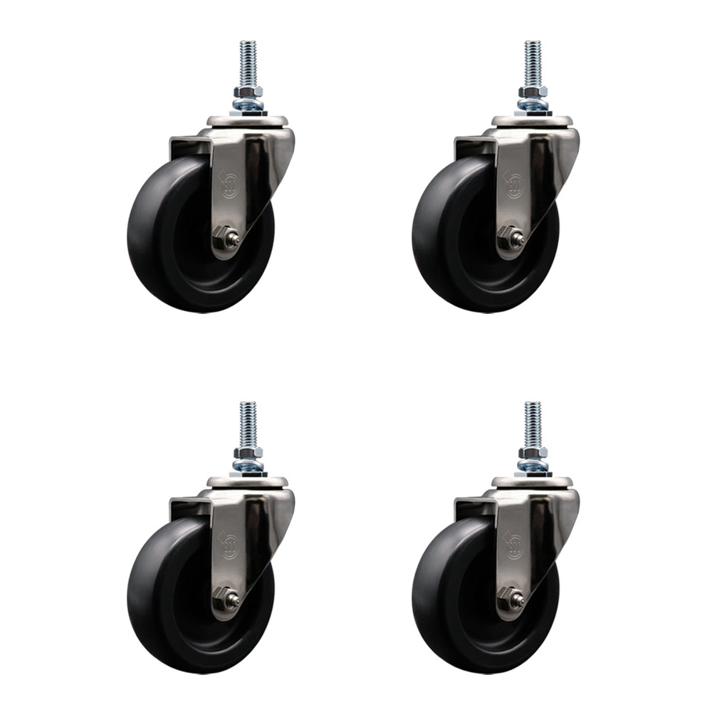 Stainless Steel Polyolefin Swivel Threaded Stem Caster Wheels Set of 4 with 4 Inch Black Wheels and 3/8" Stems - Includes 4 Swivel - 1400 lbs. Total Capacity - Service Caster Brand — photo 1