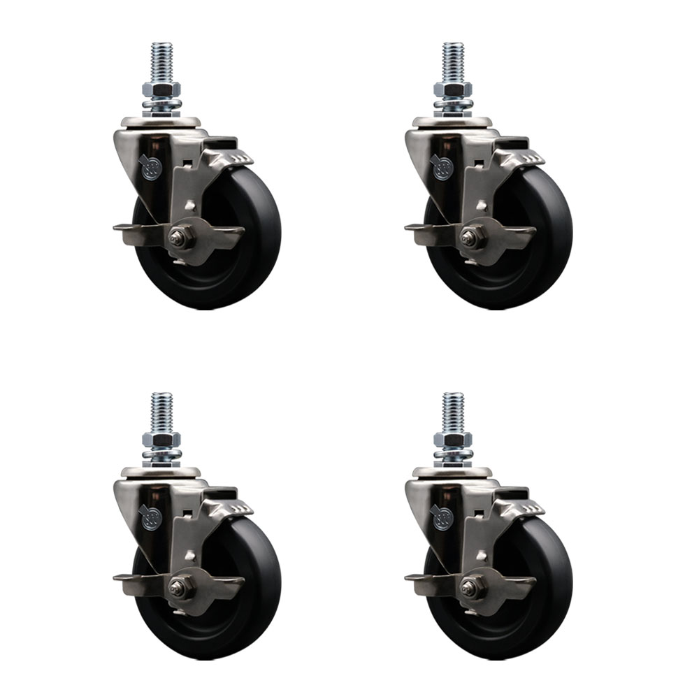 Stainless Steel Polyolefin Swivel Threaded Stem Caster Wheels Set of 4 with 4 Inch Black Wheels and 1/2" Stems - Includes 4 with Top Lock Brakes - 1400 lbs. Total Capacity - Service Caster Brand — photo 1