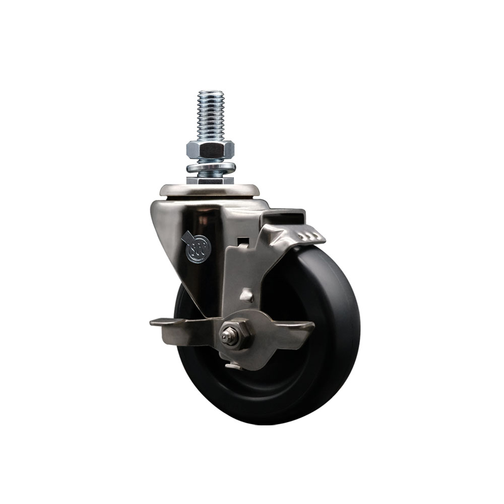 Stainless Steel Polyolefin Swivel Threaded Stem Caster Wheel with 4 Inch Black Wheel and 1/2" Stem and Top Lock Brake - 350 lbs. Capacity/Caster - Service Caster Brand — photo 1
