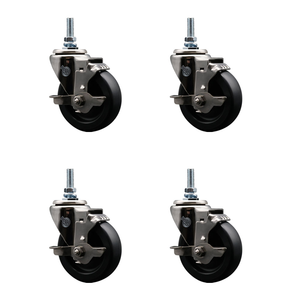 Stainless Steel Polyolefin Swivel Threaded Stem Caster Wheels Set of 4 with 4 Inch Black Wheels and 10mm Stems - Includes 4 with Top Lock Brakes - 1400 lbs. Total Capacity - Service Caster Brand — photo 1