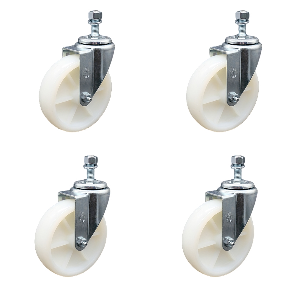 Stainless Steel Nylon Swivel Threaded Stem Caster Set of 4 w/5" x 1.25" White Wheels and 10mm Stems - Includes 4 Swivel - 1200 lbs Total Capacity - Service Caster Brand — photo 1