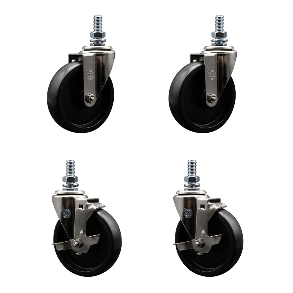 Stainless Steel Polyolefin Swivel Threaded Stem Caster Wheels Set of 4 with 5 Inch Black Wheels and 12mm Metric Stems- Includes 2 with Top Lock Brakes - 1400 lbs. Total Capacity - Service Caster Brand — photo 1
