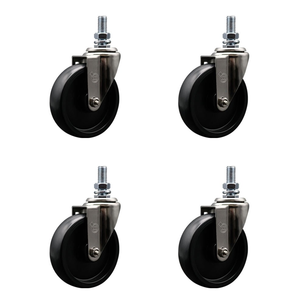 Stainless Steel Polyolefin Swivel Threaded Stem Caster Wheels Set of 4 with 5 Inch Black Wheels and 12mm Stems - Includes 4 Swivel - 1400 lbs. Total Capacity - Service Caster Brand — photo 1