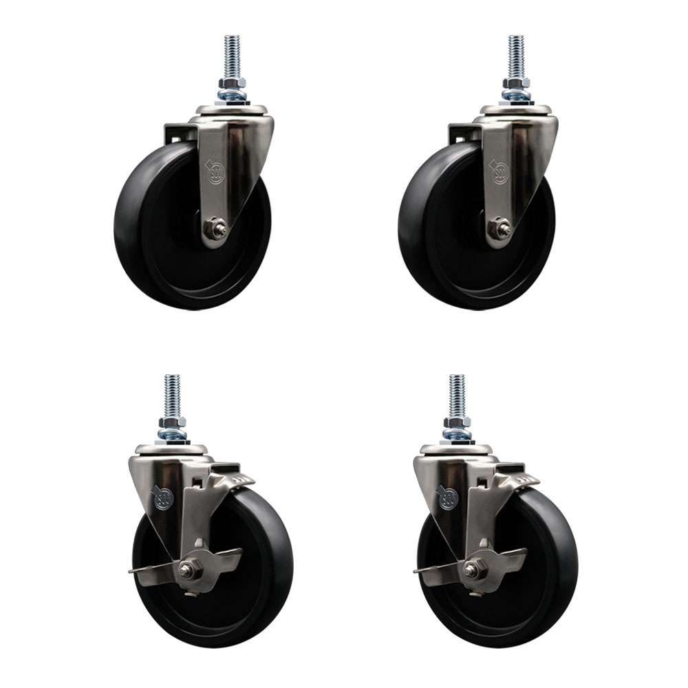 Stainless Steel Polyolefin Swivel Threaded Stem Caster Wheels Set of 4 with 5 Inch Black Wheels and 10mm Metric Stems- Includes 2 with Top Lock Brakes - 1400 lbs. Total Capacity - Service Caster Brand — photo 1