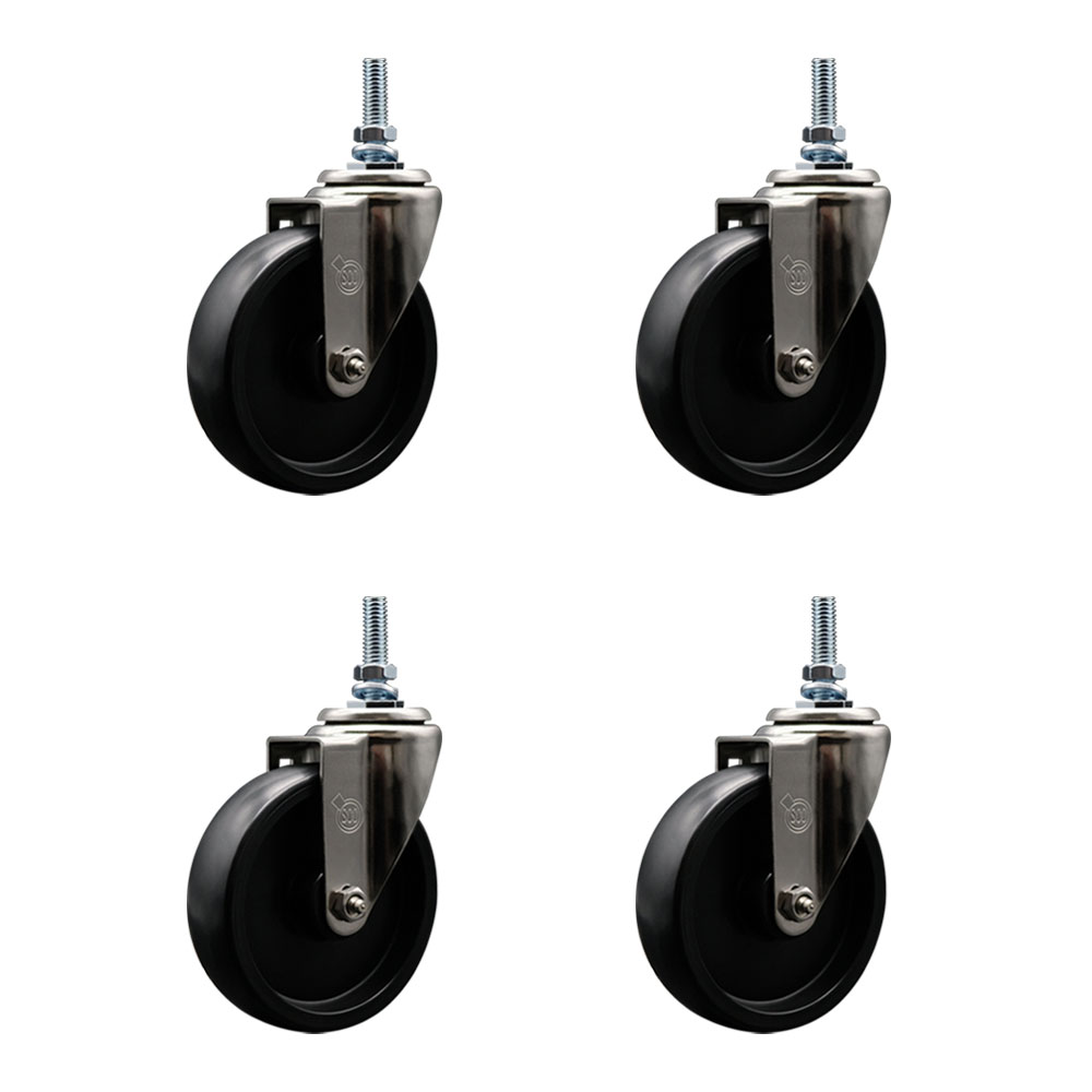 Stainless Steel Polyolefin Swivel Threaded Stem Caster Wheels Set of 4 with 5 Inch Black Wheels and 10mm Stems - Includes 4 Swivel - 1400 lbs. Total Capacity - Service Caster Brand — photo 1
