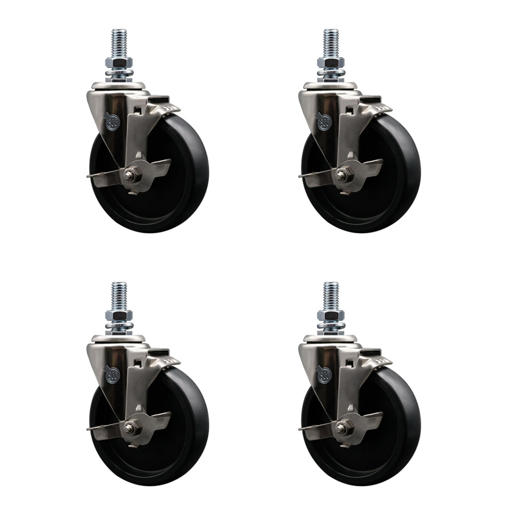 Stainless Steel Polyolefin Swivel Threaded Stem Caster Wheels Set of 4 with 5 Inch Black Wheels and 12mm Stems - Includes 4 with Top Lock Brakes - 1400 lbs. Total Capacity - Service Caster Brand — photo 1
