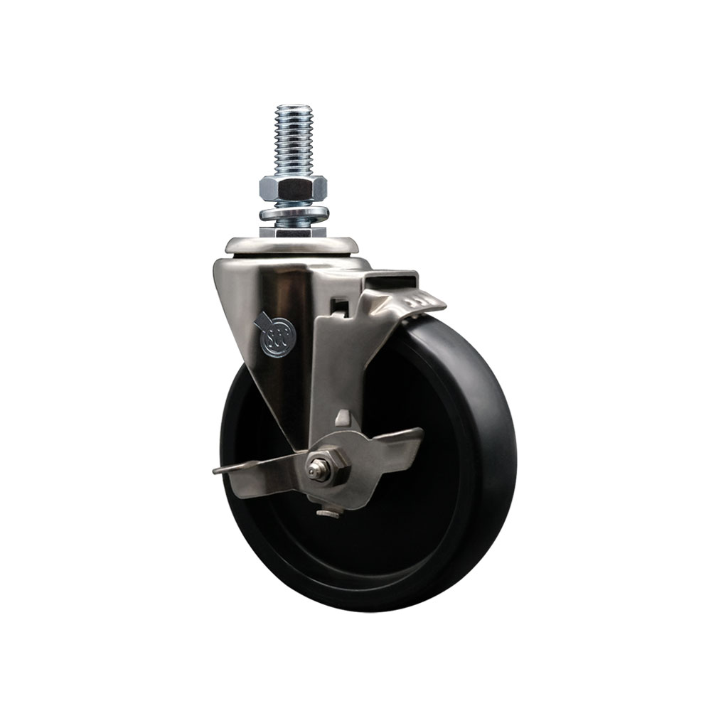Stainless Steel Polyolefin Swivel Threaded Stem Caster Wheel with 5 Inch Black Wheel and 1/2" Stem and Top Lock Brake - 350 lbs. Capacity/Caster - Service Caster Brand — photo 1