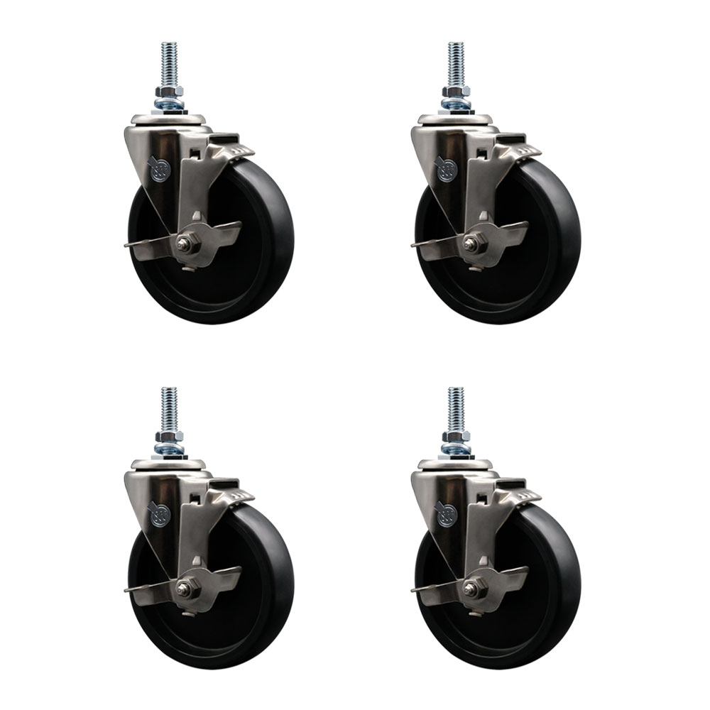 Stainless Steel Polyolefin Swivel Threaded Stem Caster Wheels Set of 4 with 5 Inch Black Wheels and 10mm Stems - Includes 4 with Top Lock Brakes - 1400 lbs. Total Capacity - Service Caster Brand — photo 1
