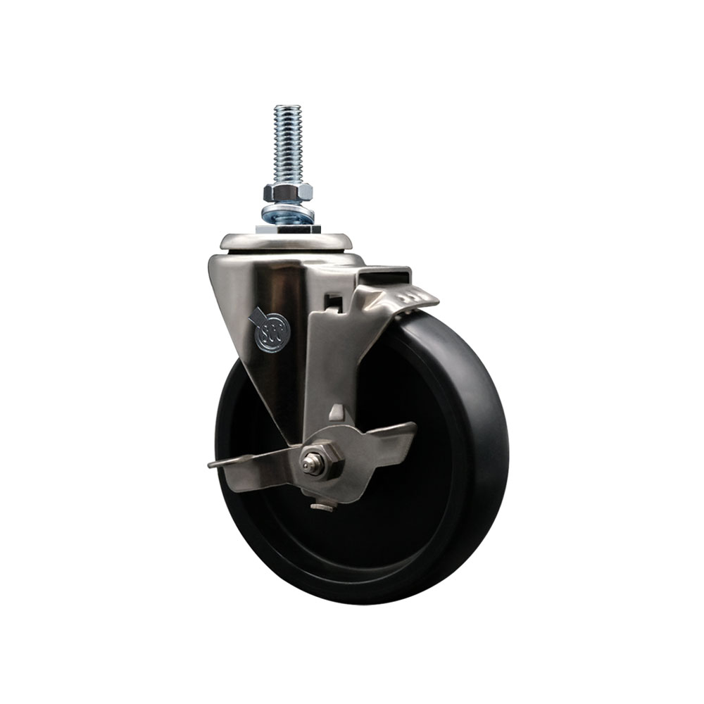 Stainless Steel Polyolefin Swivel Threaded Stem Caster Wheel with 5 Inch Black Wheel and 10mm Metric Stem and Top Lock Brake - 350 lbs. Capacity/Caster - Service Caster Brand — photo 1