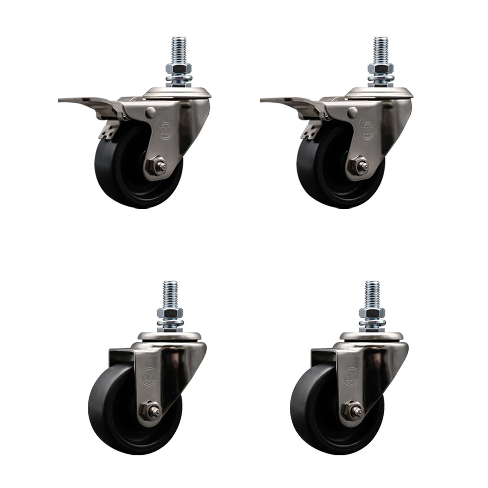 Stainless Steel Polyolefin Swivel Threaded Stem Caster Wheels Set of 4 with 3 Inch Black Wheels and 12mm Metric Stems -Includes 2 with Total Lock Brakes-1200 lbs. Total Capacity - Service Caster Brand — photo 1