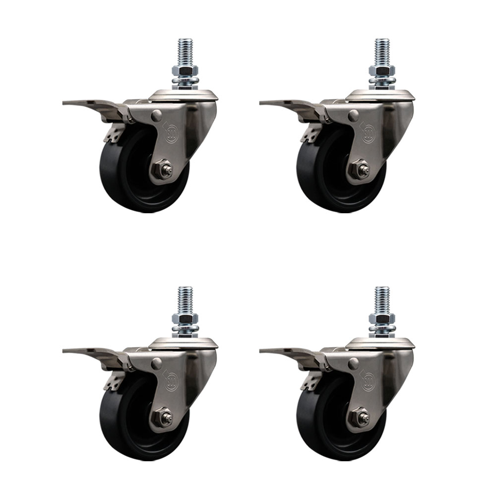 Stainless Steel Polyolefin Swivel Threaded Stem Caster Wheels Set of 4 with 3 Inch Black Wheels and 1/2" Stems - Includes 4 with Total Lock Brakes - 1200 lbs. Total Capacity - Service Caster Brand — photo 1