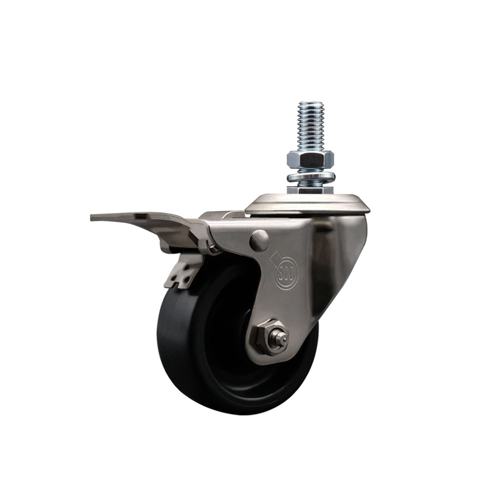 Stainless Steel Polyolefin Swivel Threaded Stem Caster Wheel with 3 Inch Black Wheel and 1/2" Stem and Total Lock Brake - 300 lbs. Capacity/Caster - Service Caster Brand — photo 1