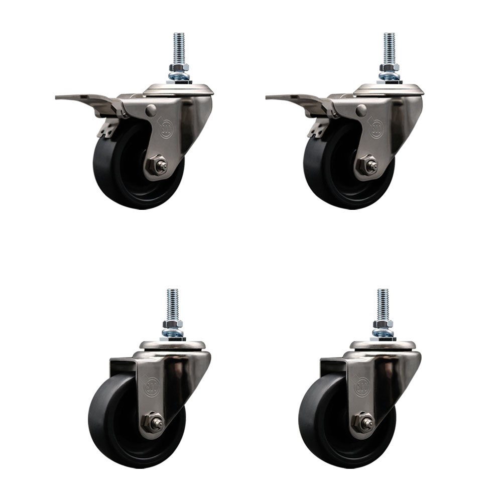 Stainless Steel Polyolefin Swivel Threaded Stem Caster Wheels Set of 4 with 3 Inch Black Wheels and 3/8" Stems - Includes 2 with Total Lock Brakes - 1200 lbs. Total Capacity - Service Caster Brand — photo 1