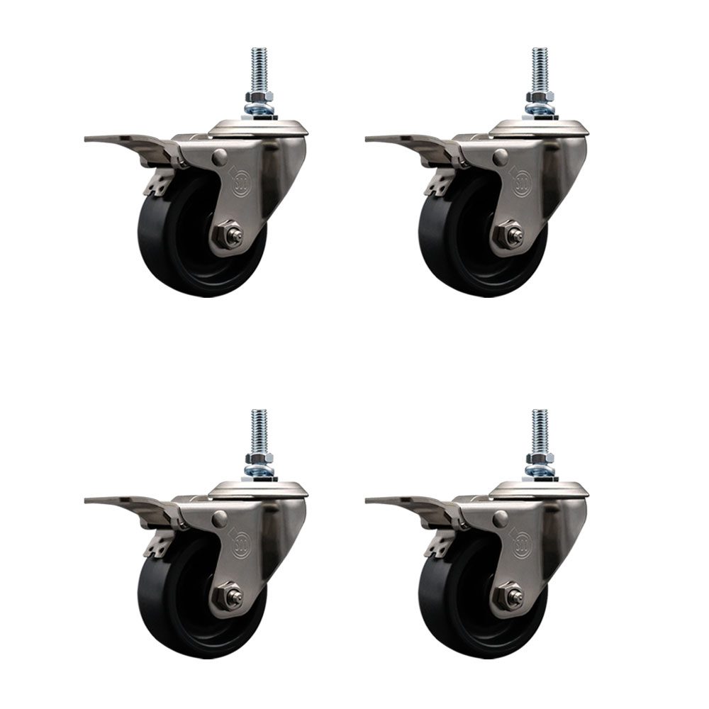 Stainless Steel Polyolefin Swivel Threaded Stem Caster Wheels Set of 4 with 3 Inch Black Wheels and 10mm Stems - Includes 4 with Total Lock Brakes - 1200 lbs. Total Capacity - Service Caster Brand — photo 1