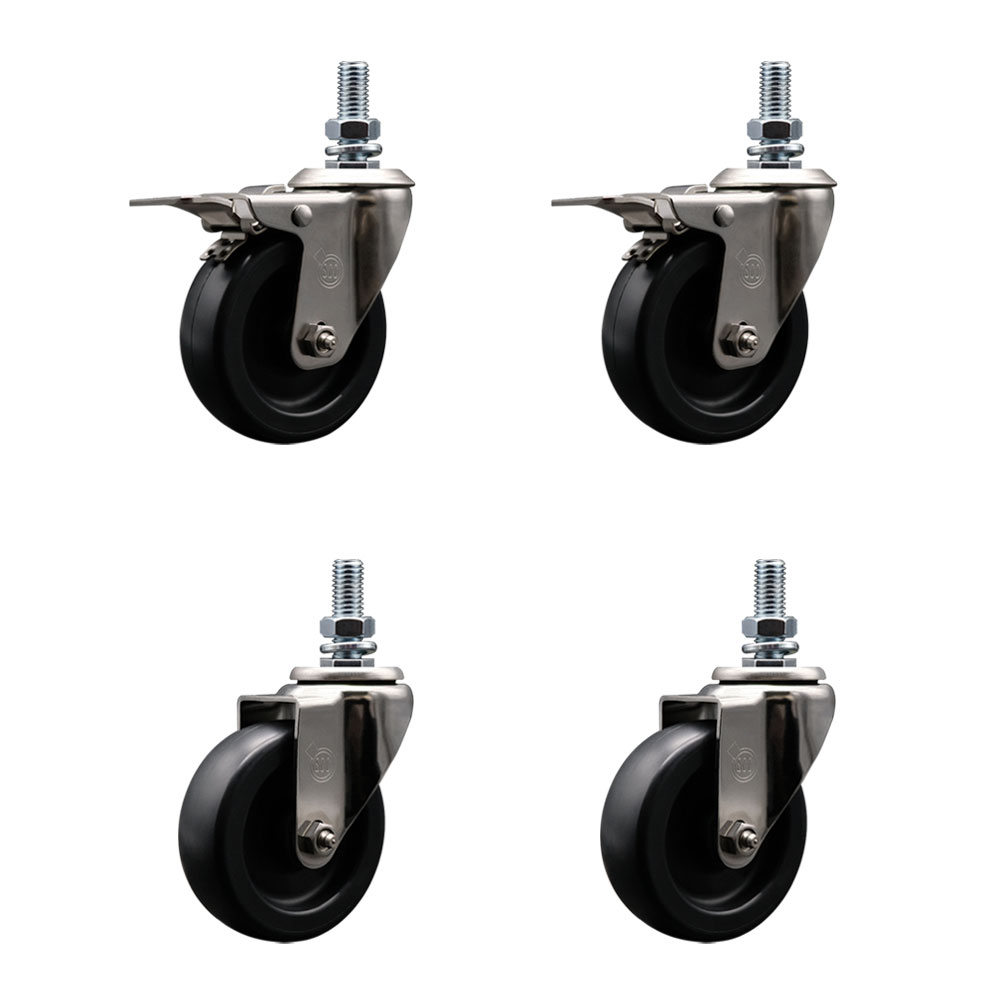 Stainless Steel Polyolefin Swivel Threaded Stem Caster Wheels Set of 4 with 4 Inch Black Wheels and 12mm Metric Stems -Includes 2 with Total Lock Brakes-1400 lbs. Total Capacity - Service Caster Brand — photo 1