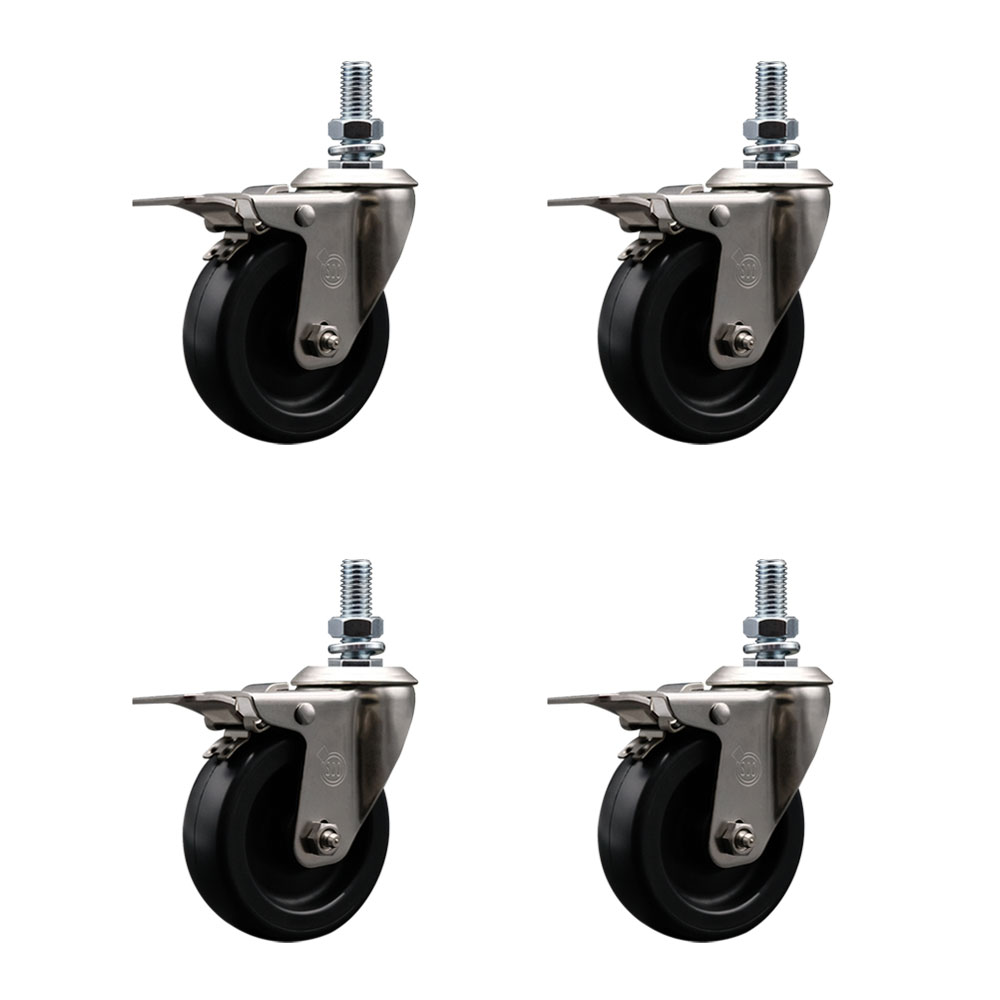 Stainless Steel Polyolefin Swivel Threaded Stem Caster Wheels Set of 4 with 4 Inch Black Wheels and 12mm Stems - Includes 4 with Total Lock Brakes - 1400 lbs. Total Capacity - Service Caster Brand — photo 1