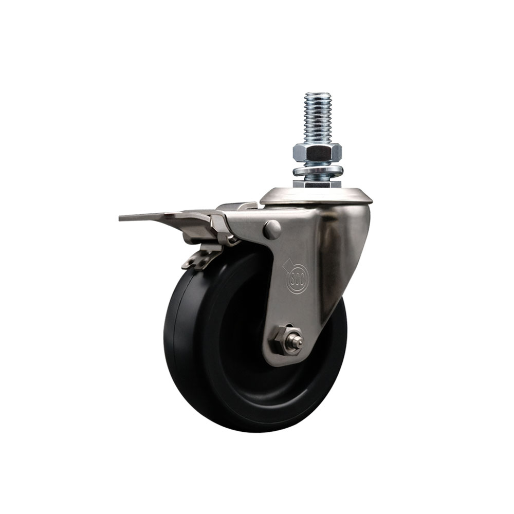 Stainless Steel Polyolefin Swivel Threaded Stem Caster Wheel with 4 Inch Black Wheel and 12mm Metric Stem and Total Lock Brake - 350 lbs. Capacity/Caster - Service Caster Brand — photo 1