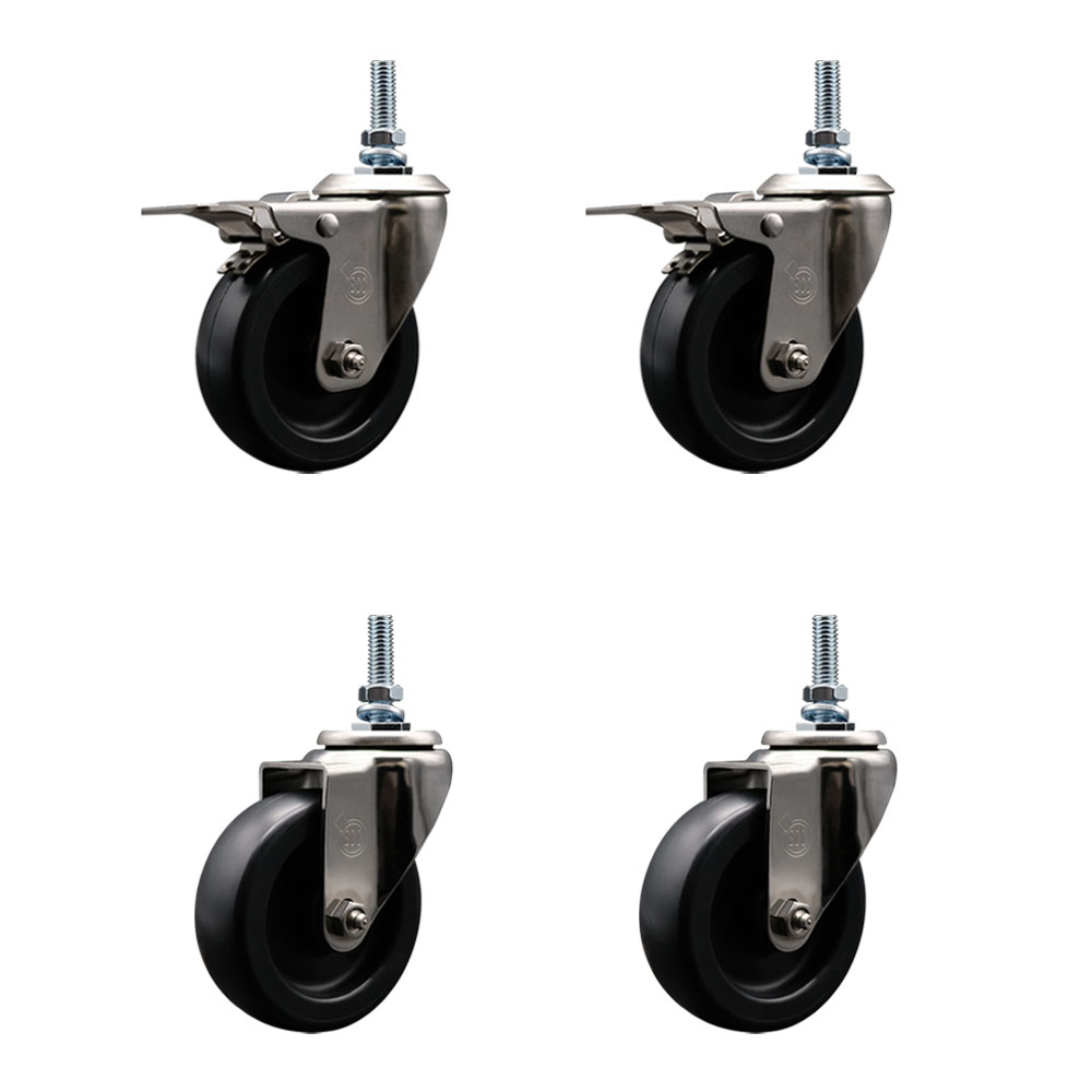 Stainless Steel Polyolefin Swivel Threaded Stem Caster Wheels Set of 4 with 4 Inch Black Wheels and 10mm Metric Stems -Includes 2 with Total Lock Brakes-1400 lbs. Total Capacity - Service Caster Brand — photo 1