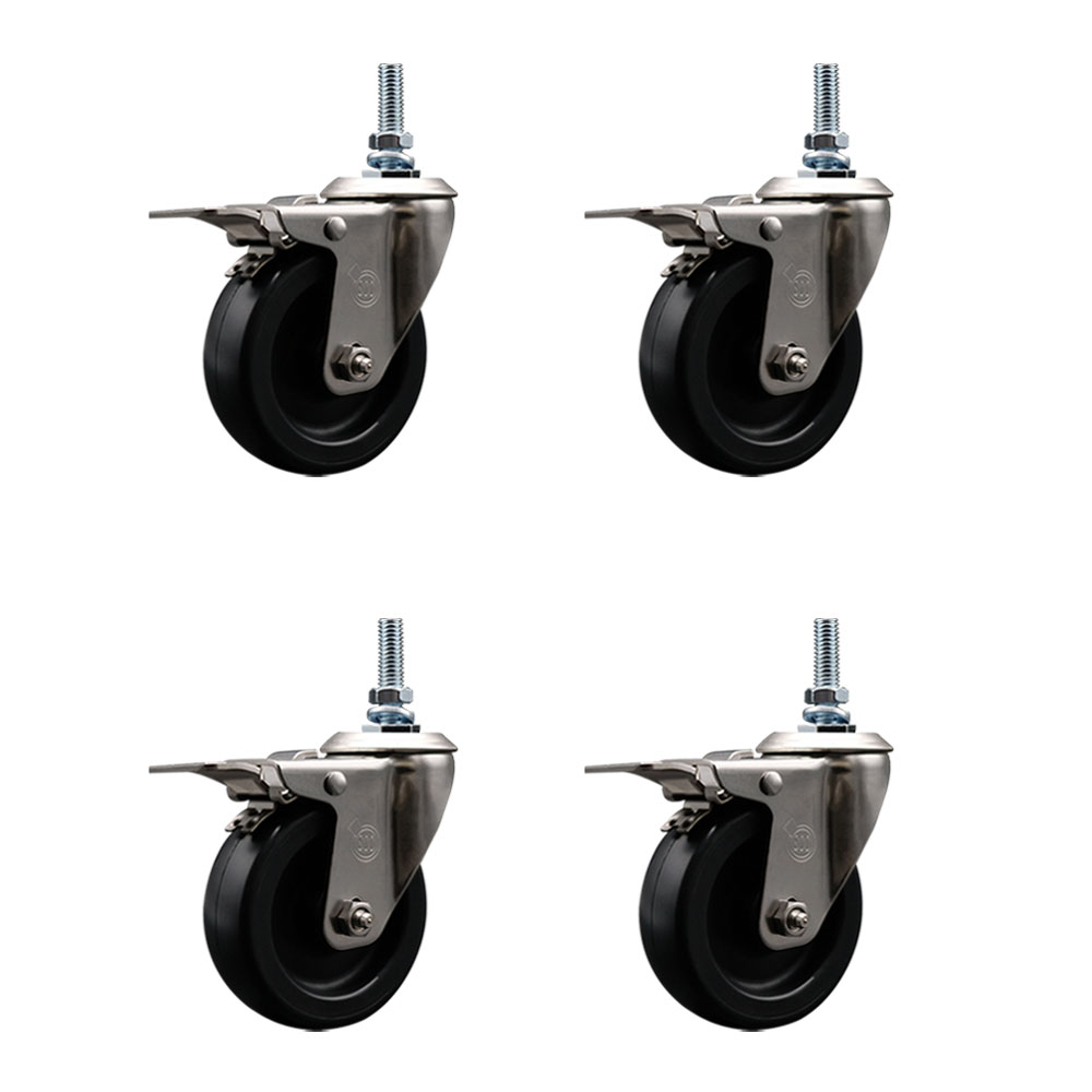 Stainless Steel Polyolefin Swivel Threaded Stem Caster Wheels Set of 4 with 4 Inch Black Wheels and 10mm Stems - Includes 4 with Total Lock Brakes - 1400 lbs. Total Capacity - Service Caster Brand — photo 1