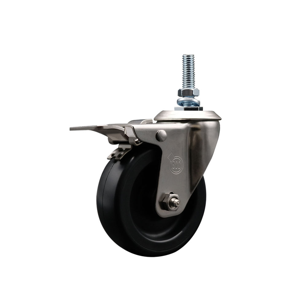 Stainless Steel Polyolefin Swivel Threaded Stem Caster Wheel with 4 Inch Black Wheel and 10mm Metric Stem and Total Lock Brake - 350 lbs. Capacity/Caster - Service Caster Brand — photo 1