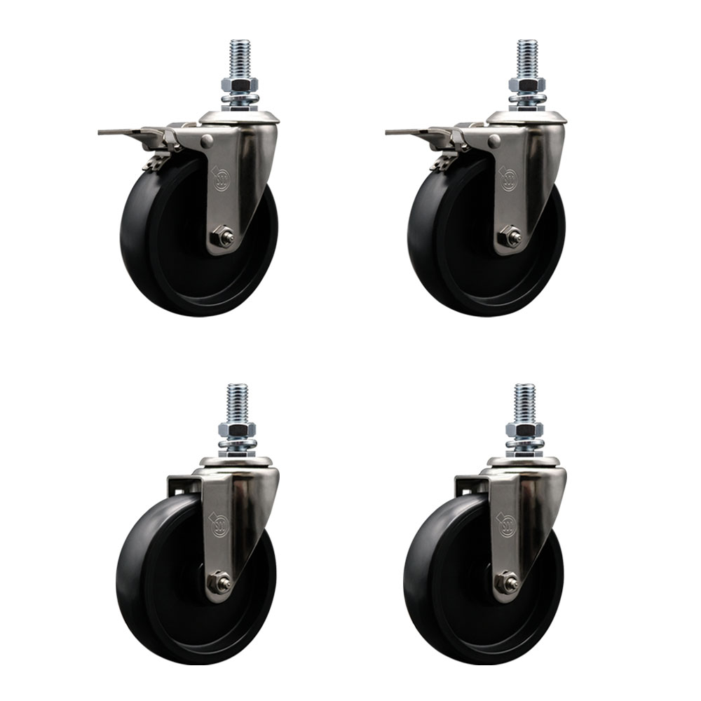 Stainless Steel Polyolefin Swivel Threaded Stem Caster Wheels Set of 4 with 5 Inch Black Wheels and 1/2" Stems - Includes 2 with Total Lock Brakes - 1400 lbs. Total Capacity - Service Caster Brand — photo 1