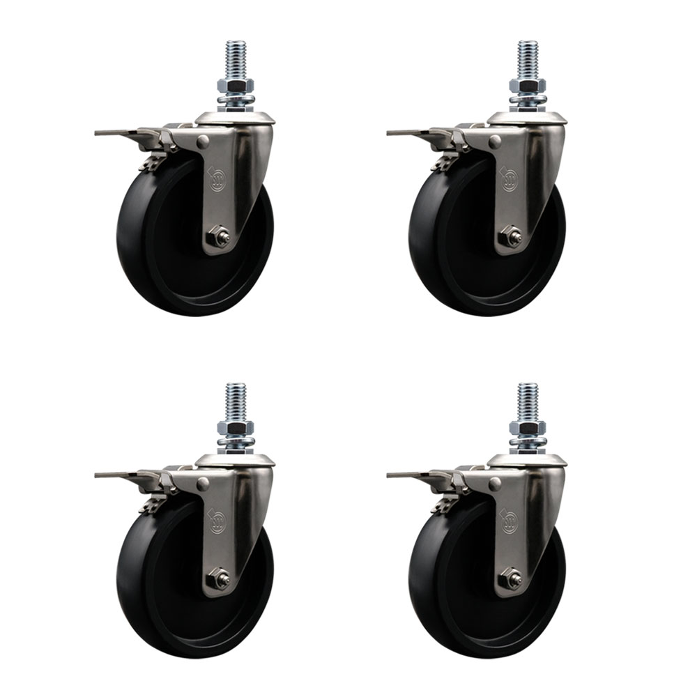 Stainless Steel Polyolefin Swivel Threaded Stem Caster Wheels Set of 4 with 5 Inch Black Wheels and 12mm Stems - Includes 4 with Total Lock Brakes - 1400 lbs. Total Capacity - Service Caster Brand — photo 1