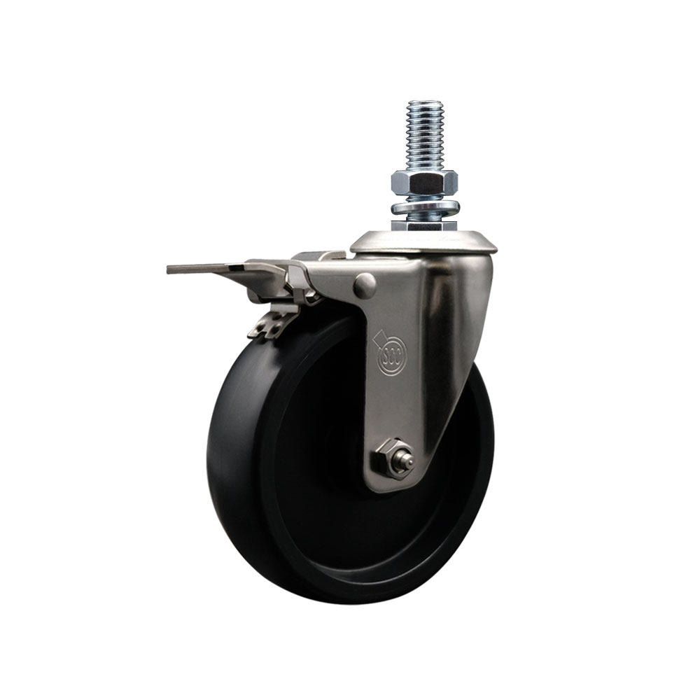 Stainless Steel Polyolefin Swivel Threaded Stem Caster Wheel with 5 Inch Black Wheel and 1/2" Stem and Total Lock Brake - 350 lbs. Capacity/Caster - Service Caster Brand — photo 1