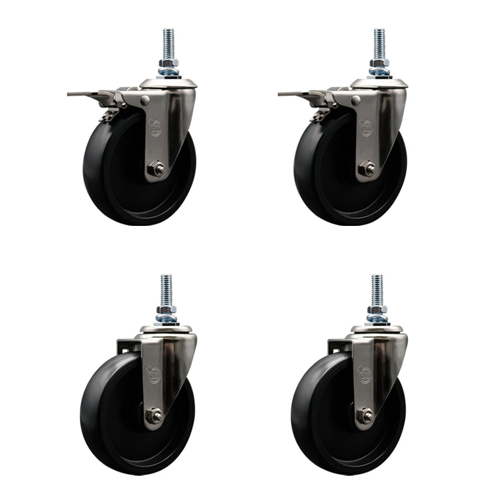 Stainless Steel Polyolefin Swivel Threaded Stem Caster Wheels Set of 4 with 5 Inch Black Wheels and 3/8" Stems - Includes 2 with Total Lock Brakes - 1400 lbs. Total Capacity - Service Caster Brand — photo 1
