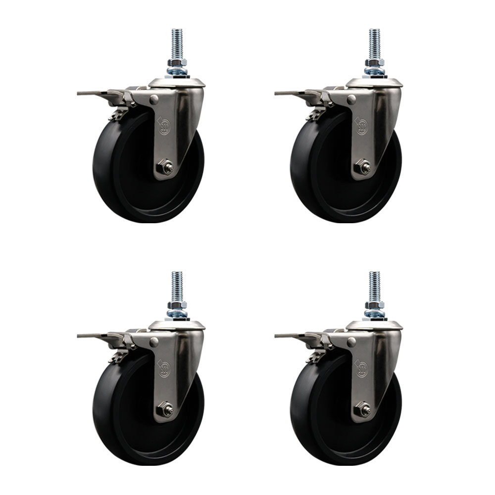Stainless Steel Polyolefin Swivel Threaded Stem Caster Wheels Set of 4 with 5 Inch Black Wheels and 10mm Stems - Includes 4 with Total Lock Brakes - 1400 lbs. Total Capacity - Service Caster Brand — photo 1