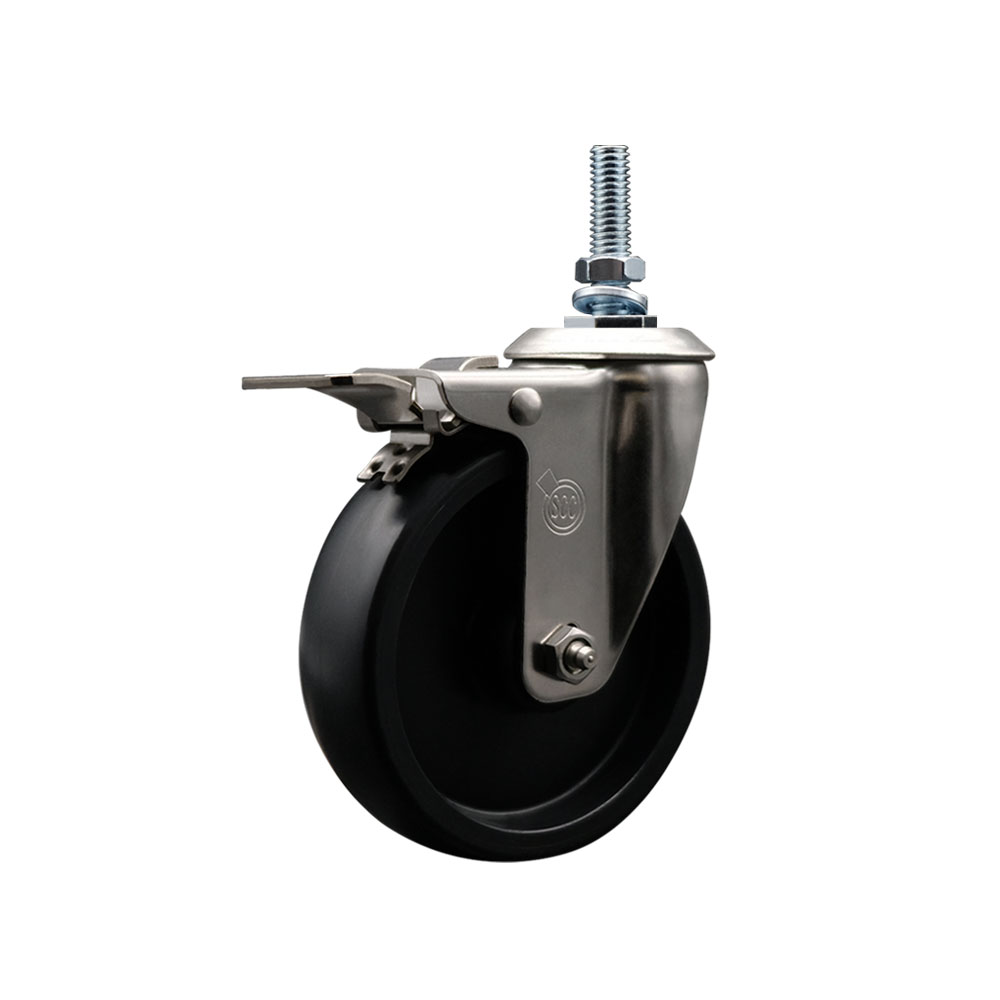 Stainless Steel Polyolefin Swivel Threaded Stem Caster Wheel with 5 Inch Black Wheel and 10mm Metric Stem and Total Lock Brake - 350 lbs. Capacity/Caster - Service Caster Brand — photo 1