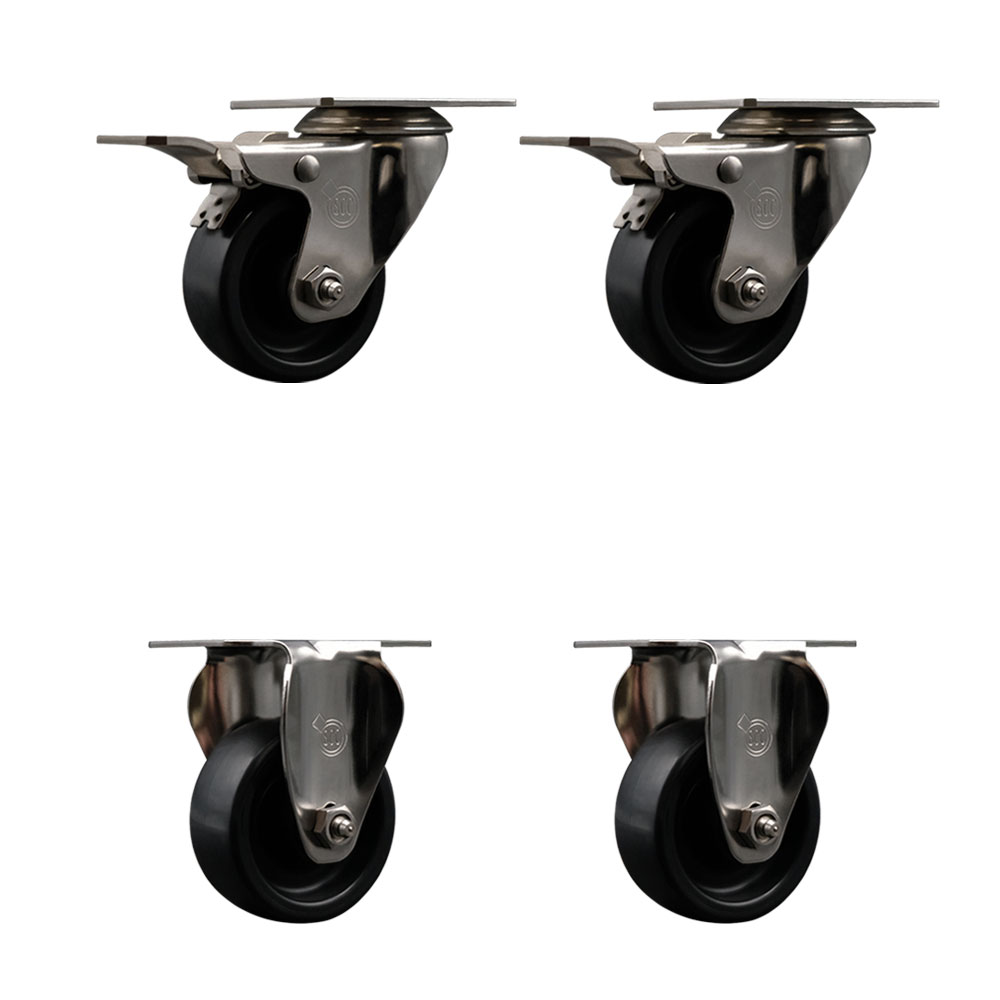 Stainless Steel Polyolefin Swivel Top Plate Caster Wheels Set of 4 with 3 Inch Black Wheels - Includes 2 Swivel with Total Lock Brakes and 2 Rigid - 1200 lbs. Total Capacity - Service Caster Brand — photo 1