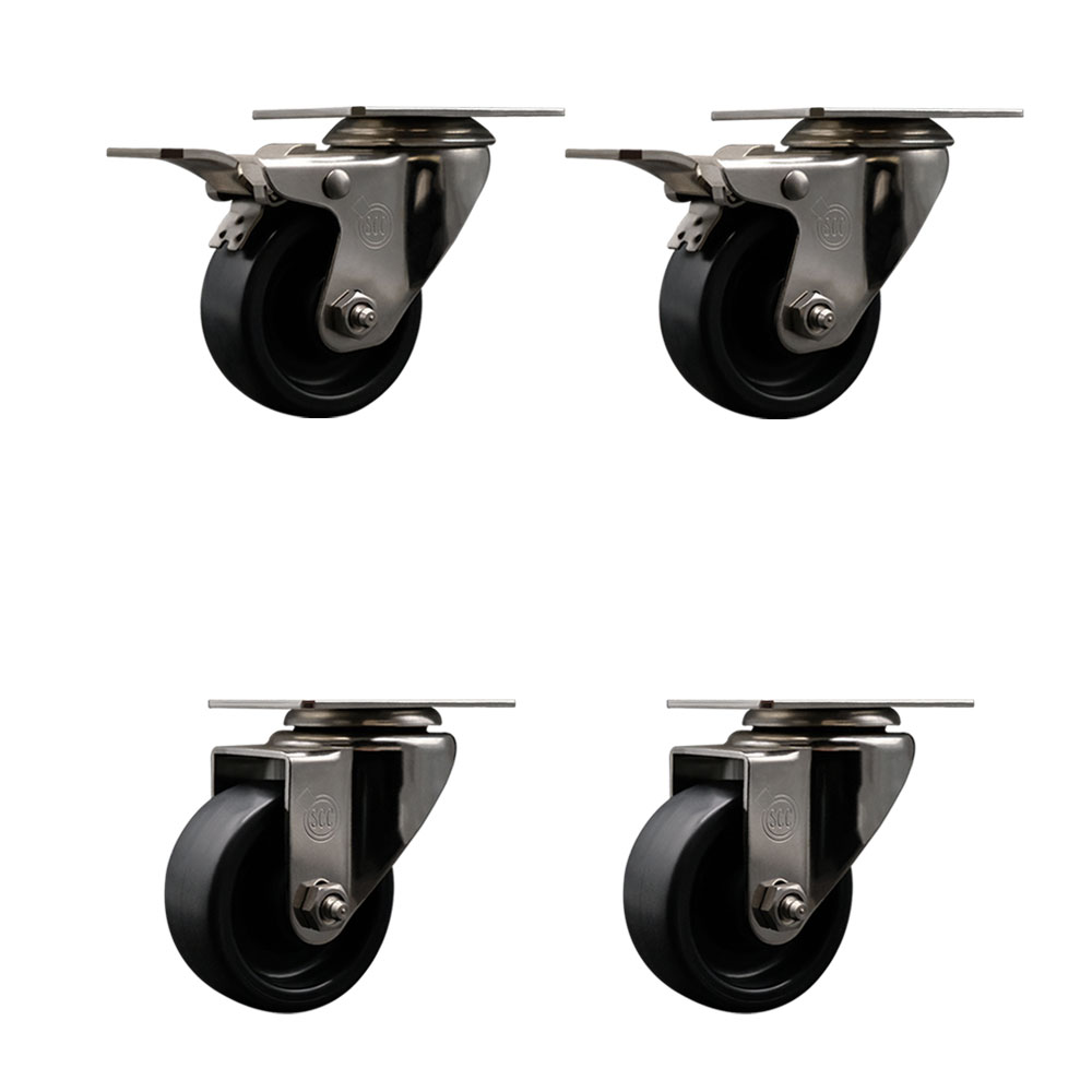 Stainless Steel Polyolefin Swivel Top Plate Caster Wheels Set of 4 with 3 Inch Black Wheels - Includes 2 Swivel with Total Lock Brakes and 2 Swivel - 1200 lbs. Total Capacity - Service Caster Brand — photo 1