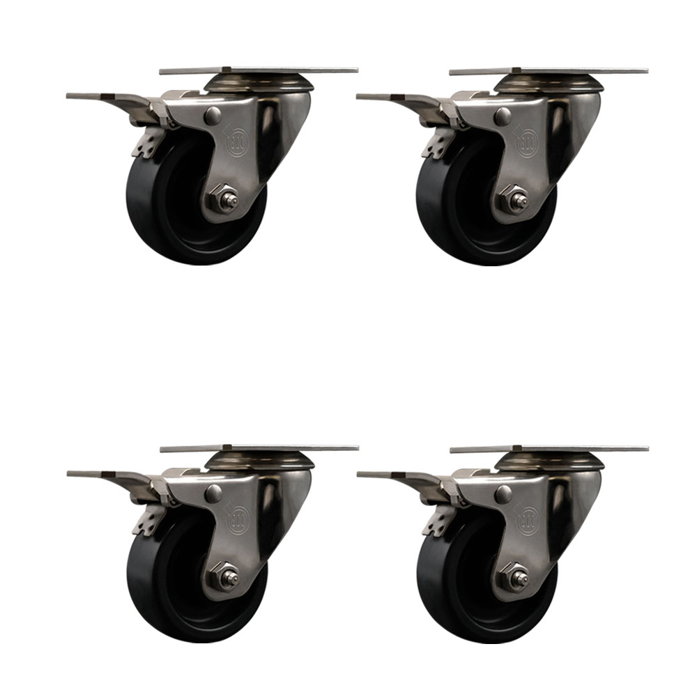 Stainless Steel Polyolefin Swivel Top Plate Caster Wheels Set of 4 with 3 Inch Black Wheels - Includes 4 Swivel with Total Lock Brakes - 1200 lbs. Total Capacity - Service Caster Brand — photo 1