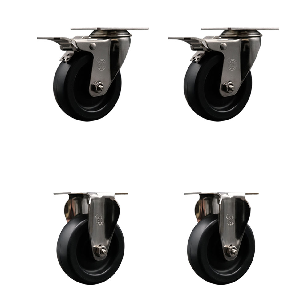 Stainless Steel Polyolefin Swivel Top Plate Caster Wheels Set of 4 with 4 Inch Black Wheels - Includes 2 Swivel with Total Lock Brakes and 2 Rigid - 1400 lbs. Total Capacity - Service Caster Brand — photo 1